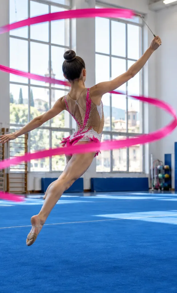 Ginnasta di ritmica in volo sulla pedana blu mentre fa girare un nastro rosa